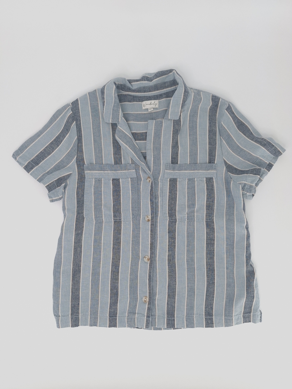 ✨Wonderly Blue & White Vertical Striped Camp Shirt Short Sleeve Button Down L✨ - Picture 8 of 13